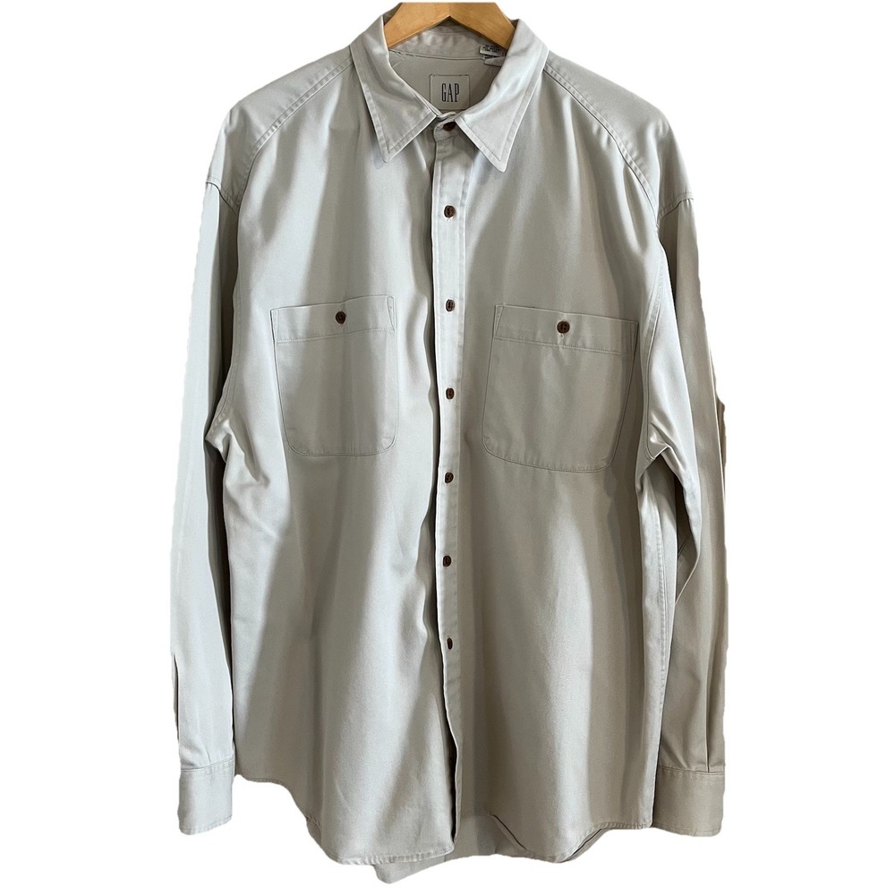 Vintage Gap Light Khaki Button Up Shirt Men's L Utility Pockets Casual Workwear